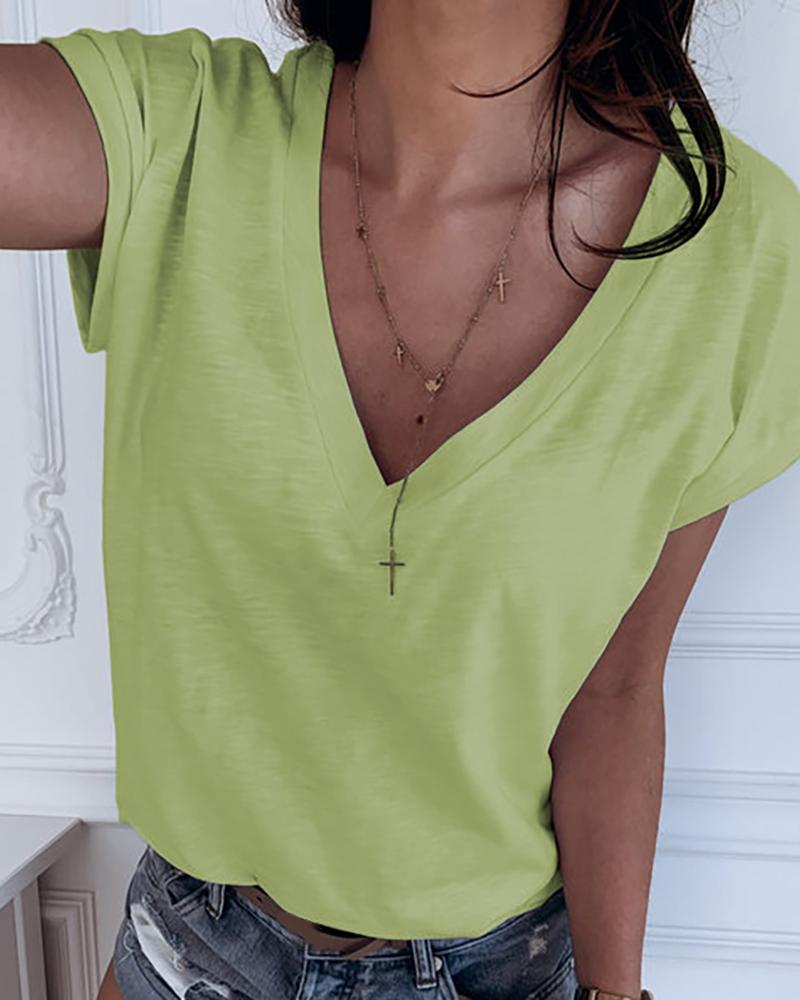 

Solid V-neck Short Sleeve T-shirt, Green