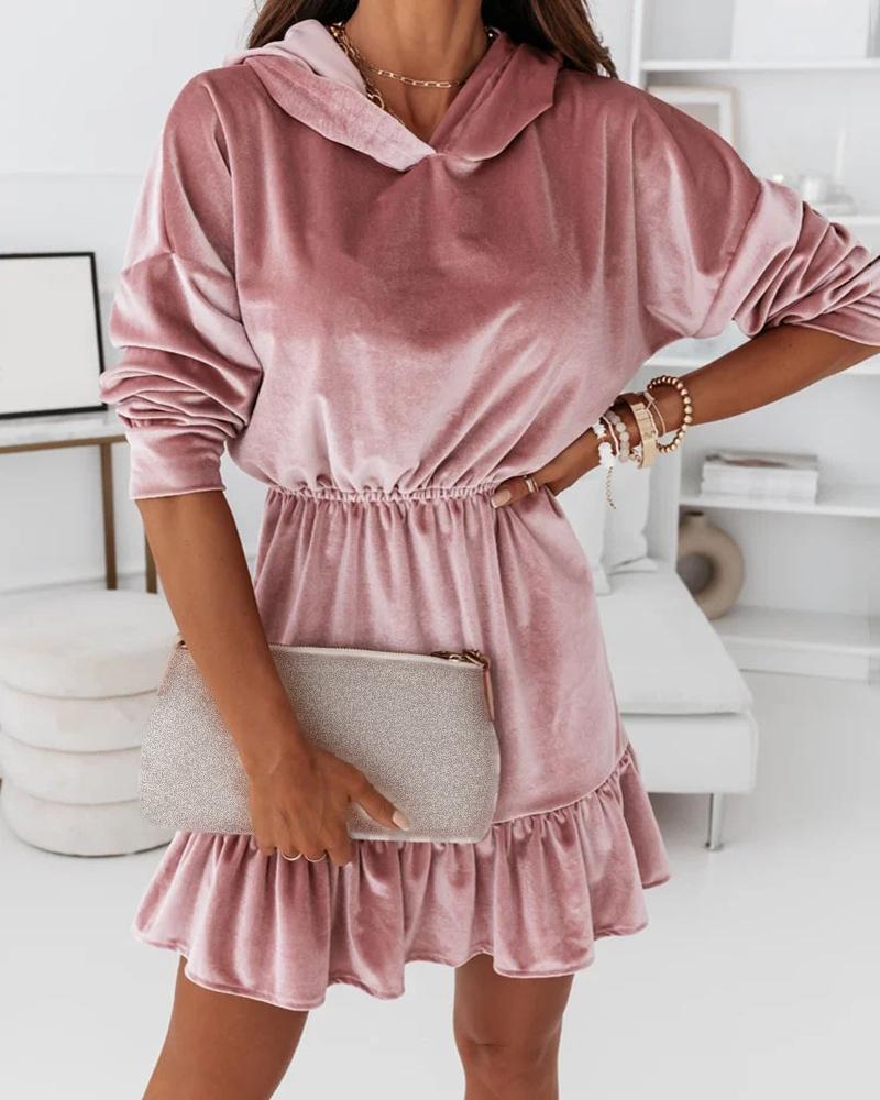 

Long Sleeve Velvet Ruffle Hem Hooded Dress, Pink