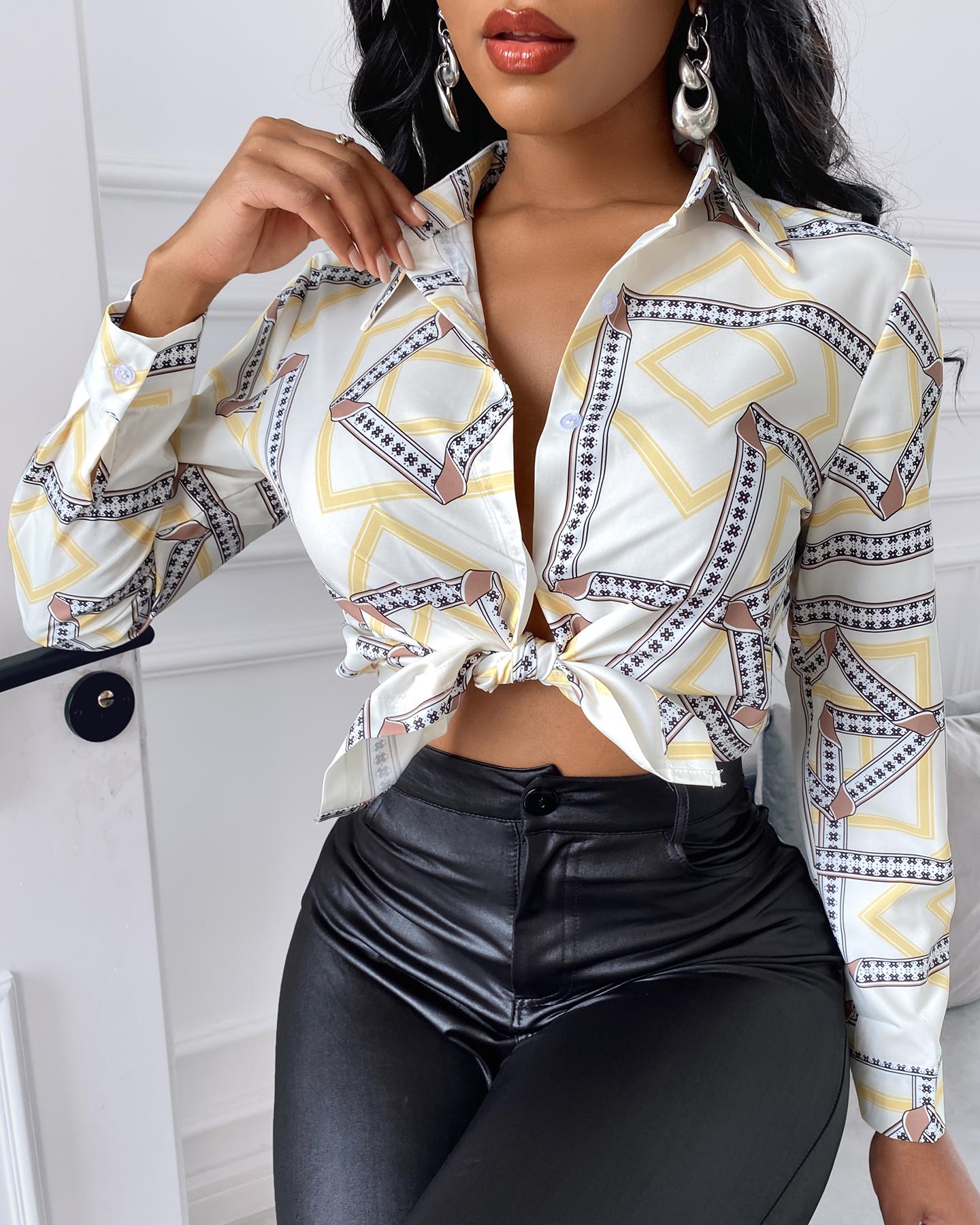 

Scarf Print Button Front Long Sleeve Shirt, White