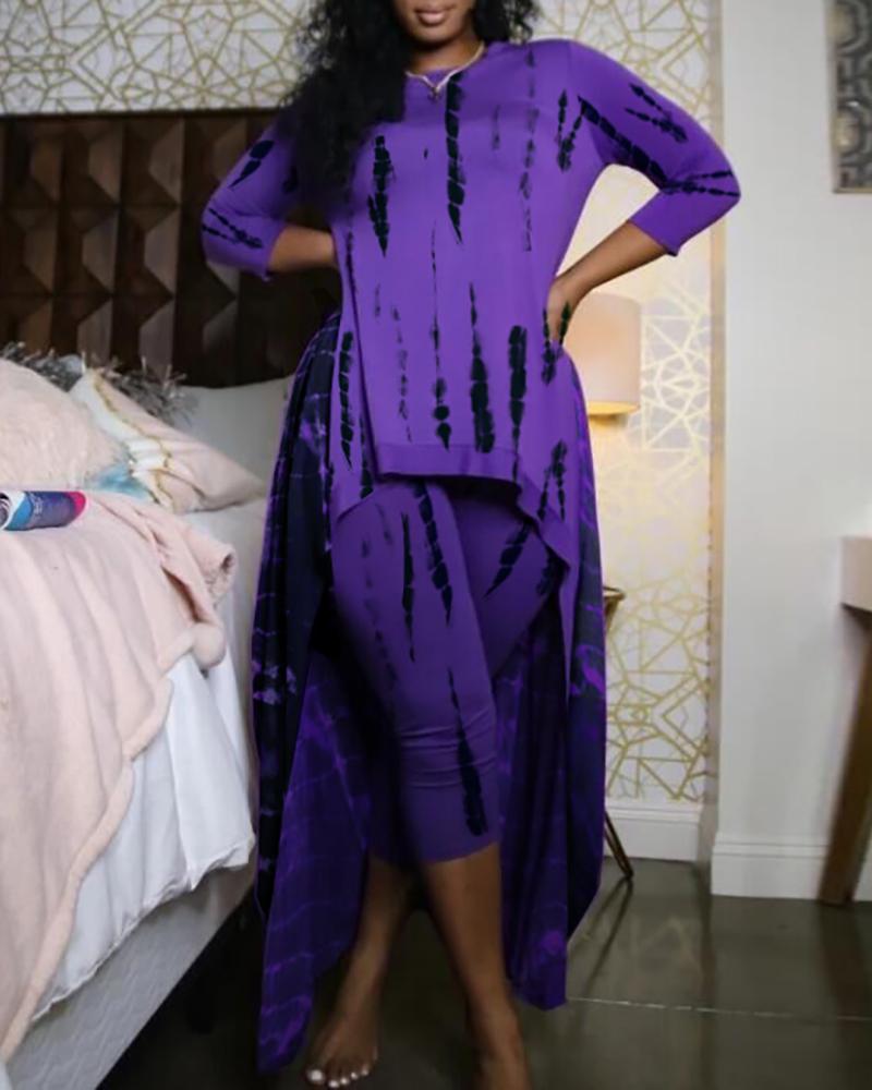 

Tie Dye Print Long Sleeve Dip Hem Top & Shorts Set, Purple