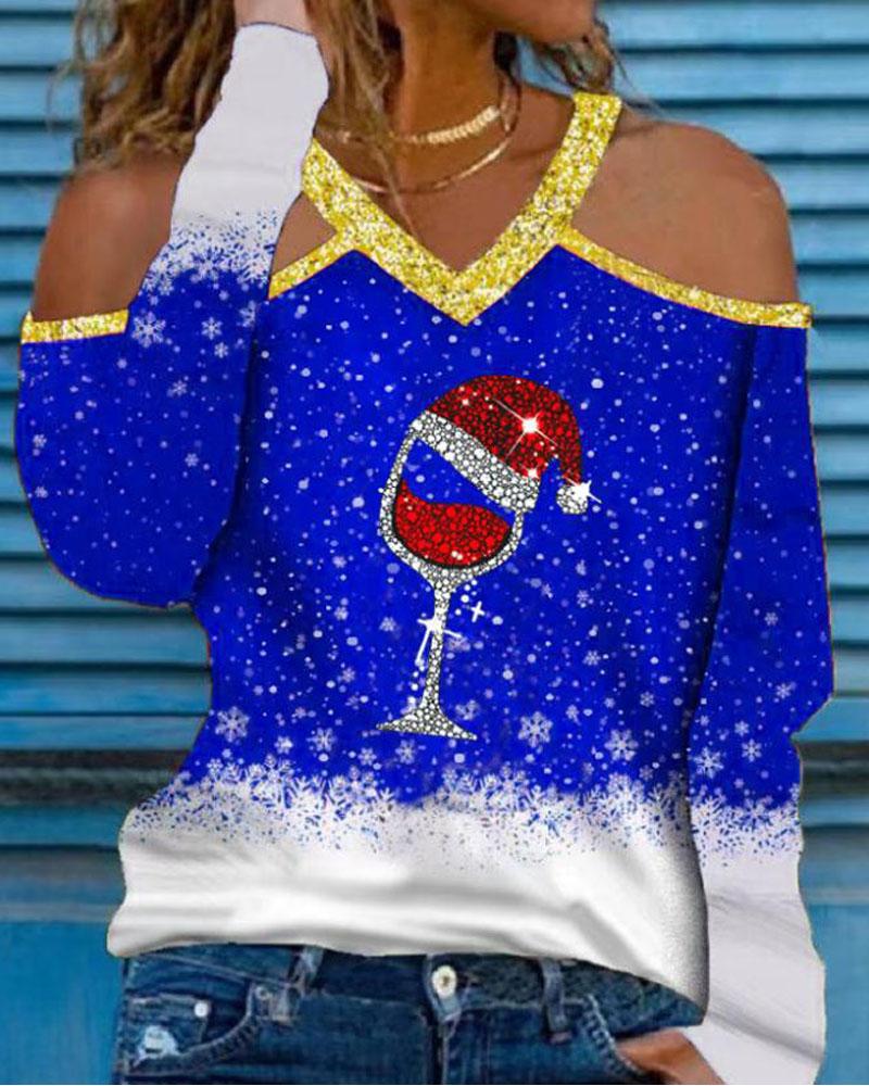 

Christmas Snowflake Wine Glass Print Cold Shoulder Top, Blue