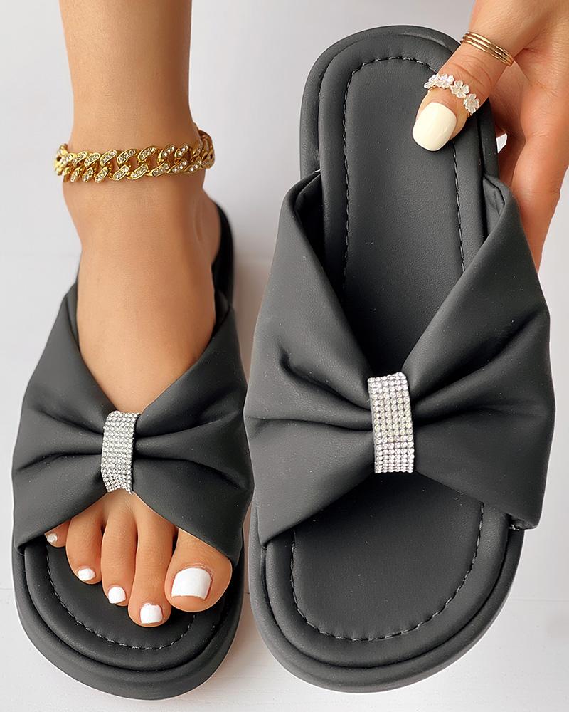 

Rhinestone Decor Bowknot Design Slippers, Black