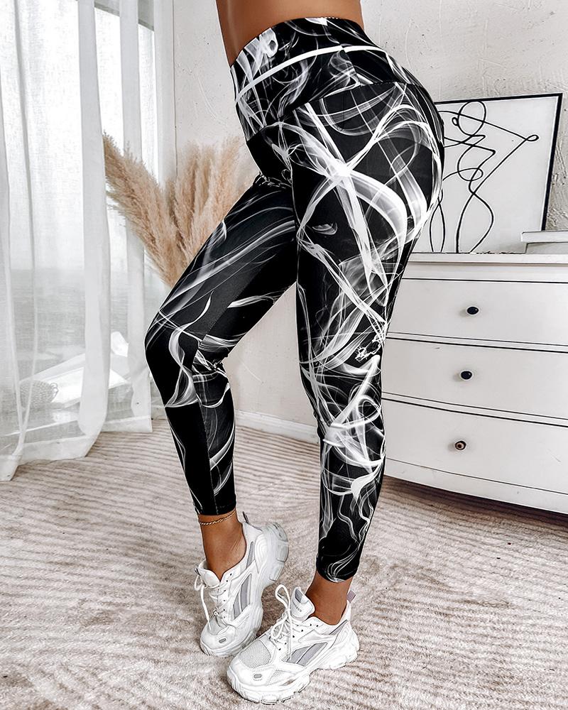 

Abstract Print High Waist Butt Lifting Leggings, Black