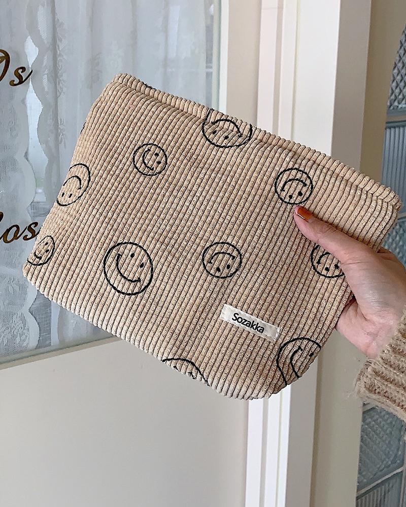 

Smiley Face Corduroy Makeup Toiletry Bag Storage Handbag Accessories Organizer, Khaki