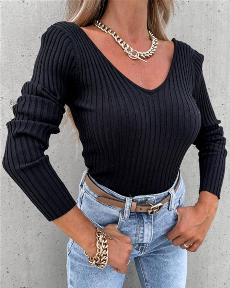 

V Neck Backless Skinny Ribbed Top, Black