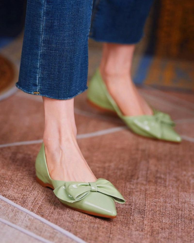 

Womens Bow Decor Pointed Toe Flats Shoes, Green