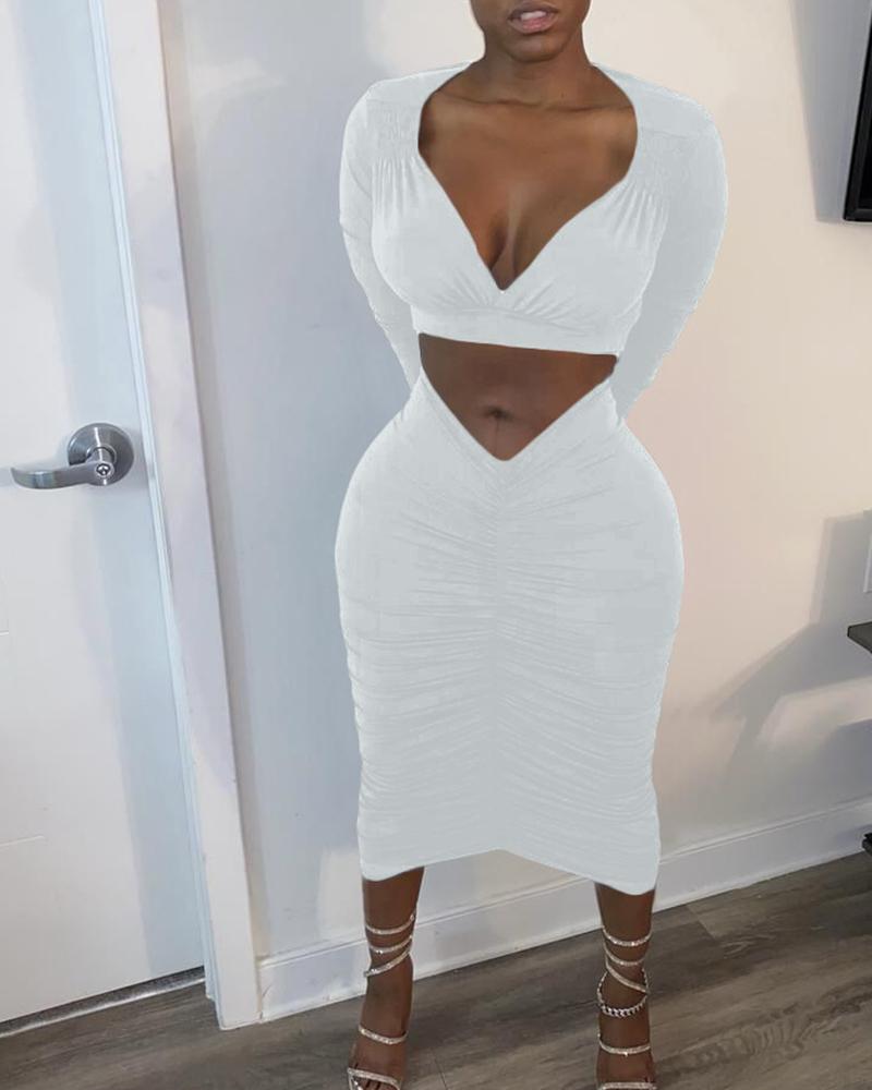 

Solid Color Long Sleeve Skirt Sets, White