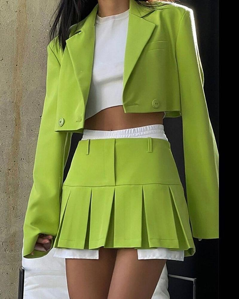 

Double Breasted Crop Blazer Coat & Pleated Skirt Set, Green