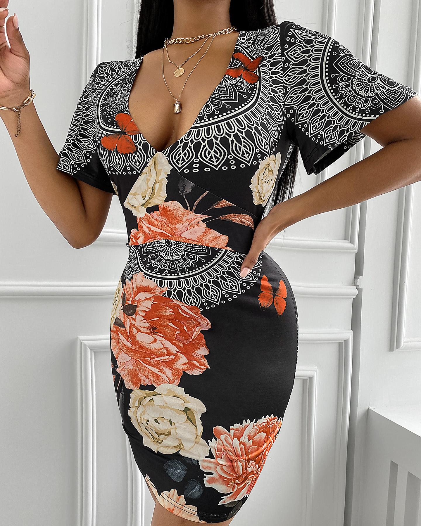 

Floral Tribal Print Plunge Bodycon Dress, Black