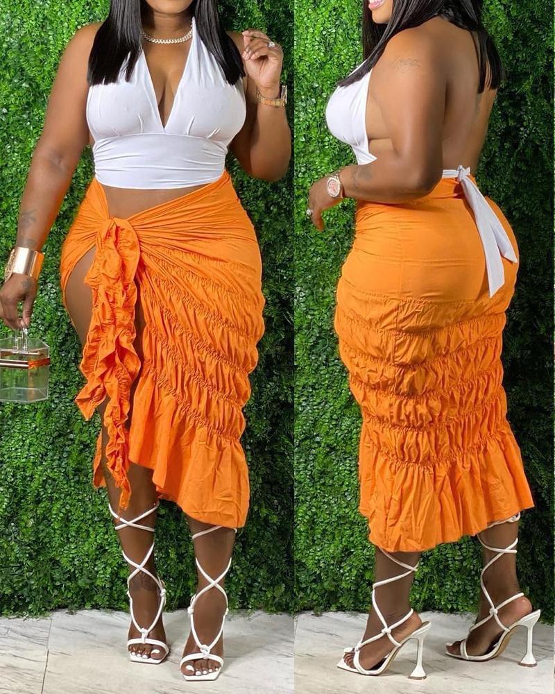 

Plus Size Tied Detail Ruched Ruffle Hem High Slit Skirt, Orange