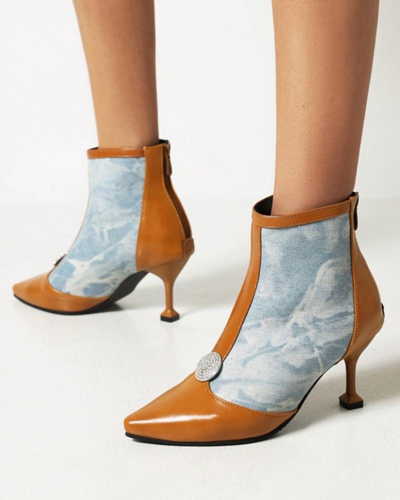 

Womens Point Toe Stiletto Heeled Colorblock Ankle Booties, Brown