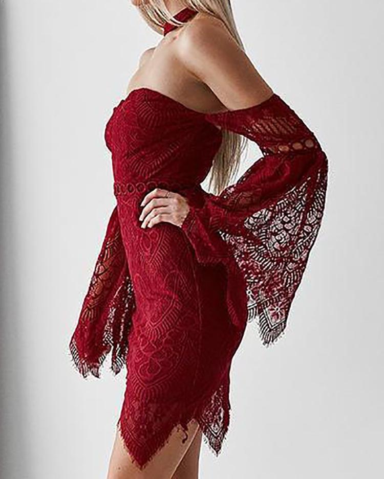 

Off Shoulder Bell Sleeve Eyelash Lace Dress, Wine red