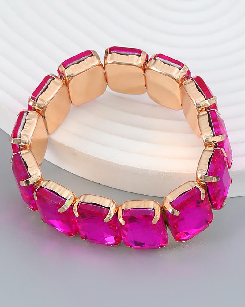 

1pc Geometric Crystal Stone Decor Bracelet, Hot pink