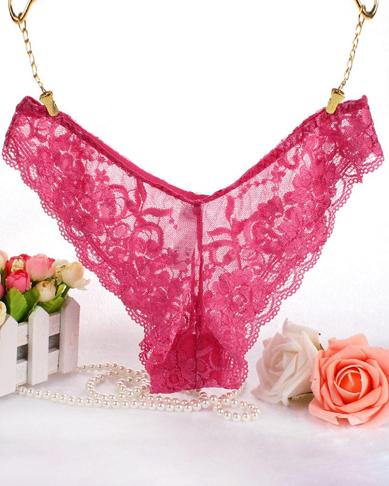 

Crochet Lace Mesh Thong Panty, Hot pink