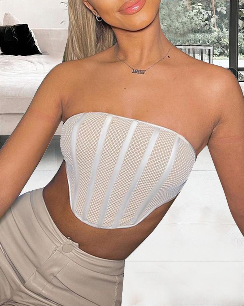 

Solid Color Fishnet Off Shoulder Sleeveless Cropped Top, White