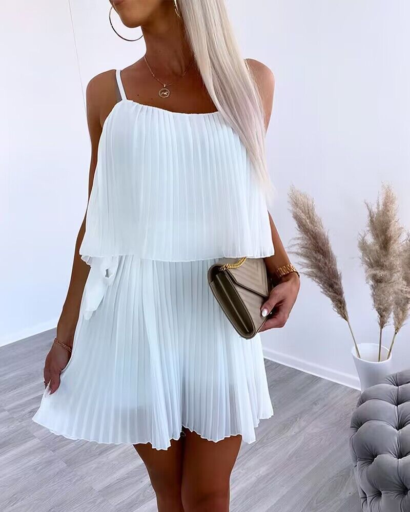 

Pleated Tied Detail Chiffon Spaghetti Strap Mini Dress, White