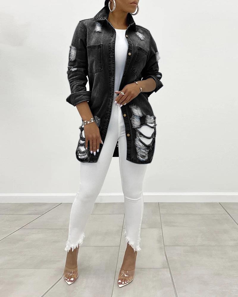 

Ripped Cutout Casual Denim Coat, Black
