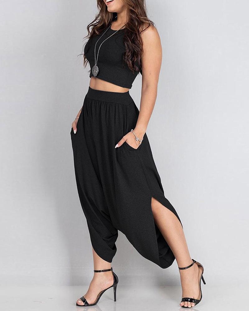 

Round Neck Crop Top & Pocket Design Harem Pants Set, Black