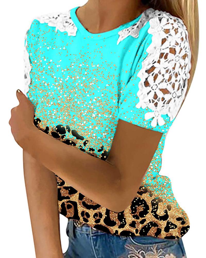 

Contrast Leopard Print Lace Patch Casual T-shirt, Turquoise blue