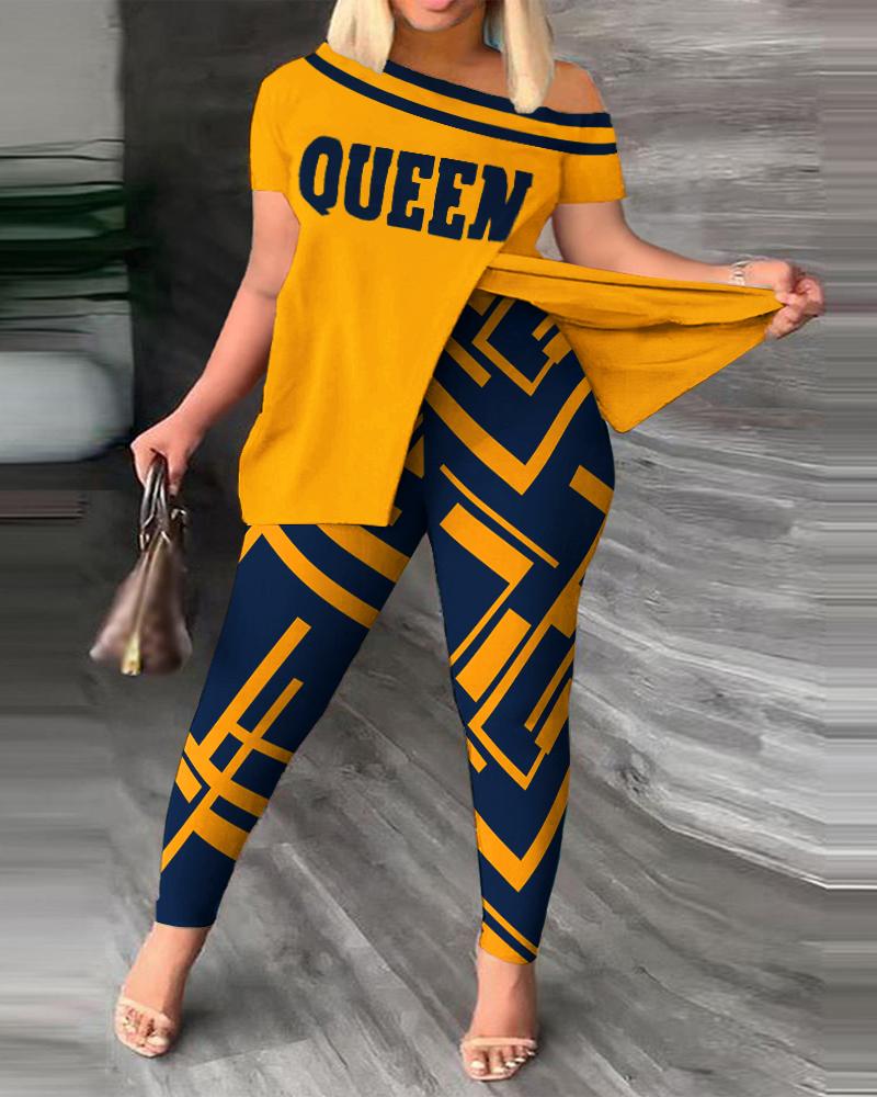 

Plus Size Queen Geometric Print Split Hem Top & Pants Set, Orange