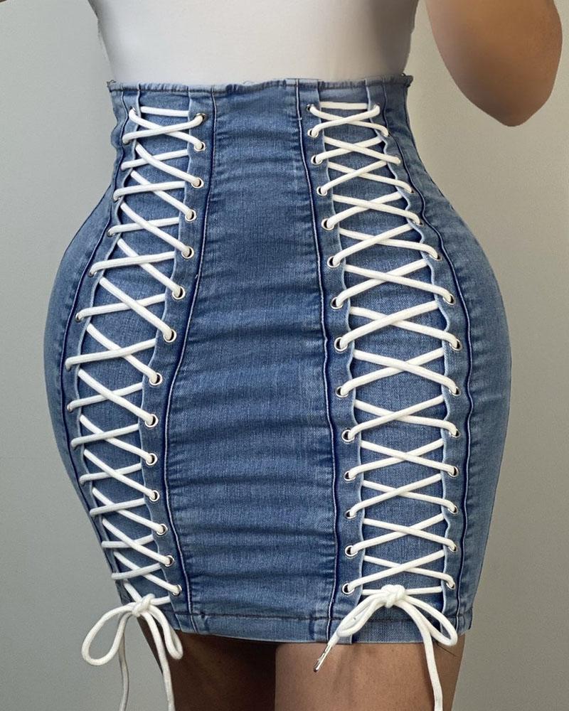 

High Waist Eyelet Lace-up Denim Skirt, Blue