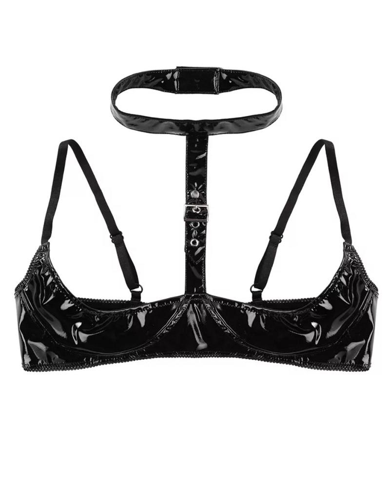 

Eyelet Buckle Halter PU Leather Bralette, Black