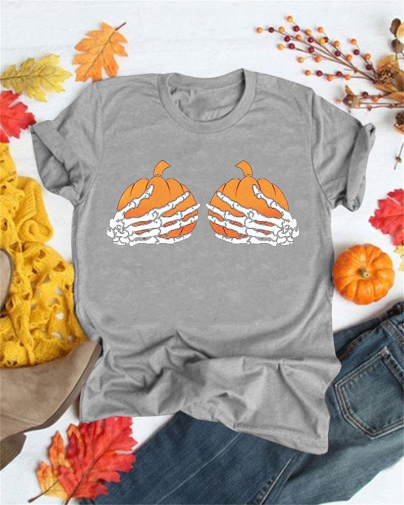 

Halloween Pumpkin Graphic Print Casual T-shirt, Gray
