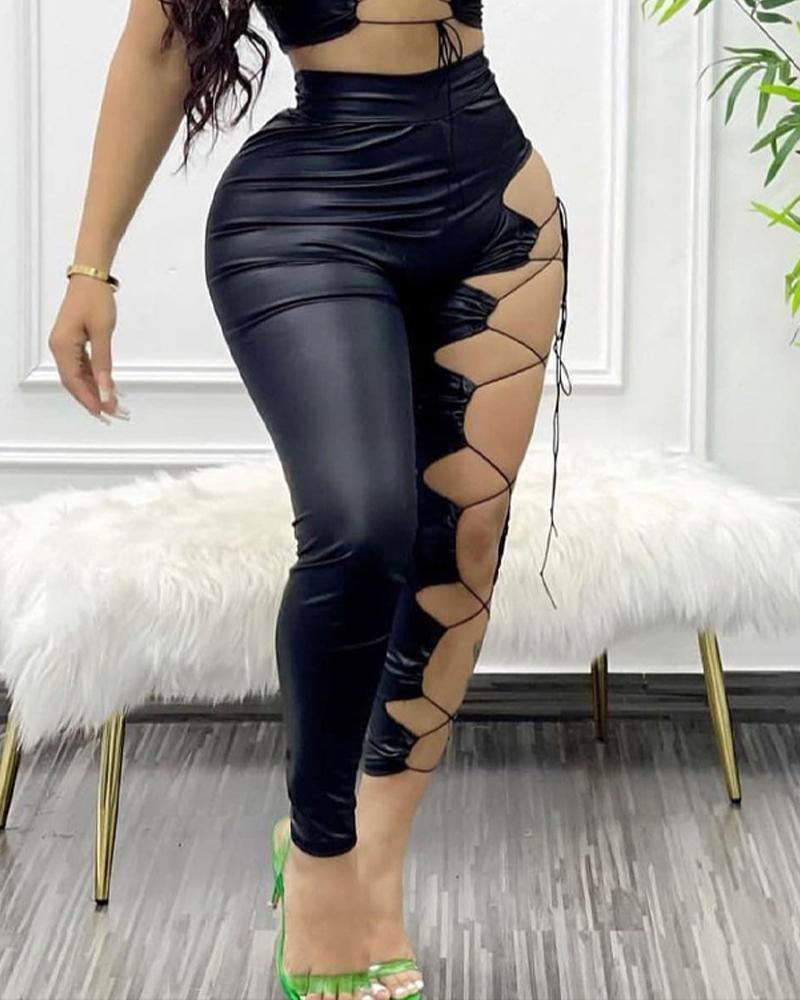 

PU Leather Lace-up High Waist Skinny Pants, Black