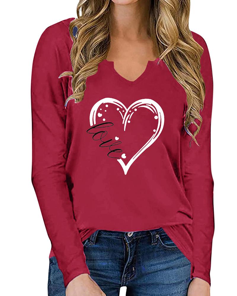 

Valentine's Day Letter Heart Print Long Sleeve Top, Red