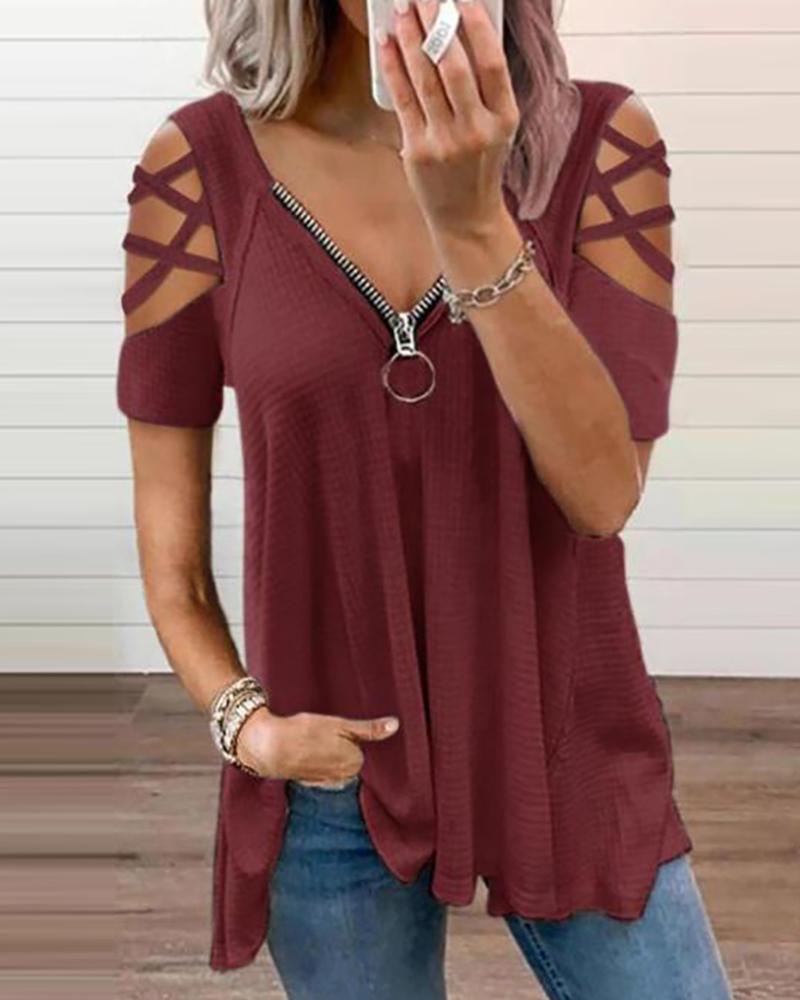 

Cutout Short Sleeve Zipper Design Top, Wine red