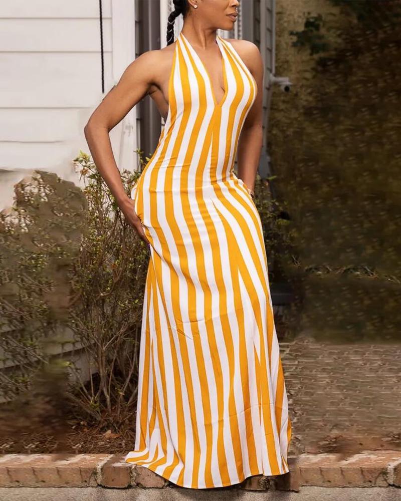 

Striped Print Halter Backless Maxi Dress, Yellow