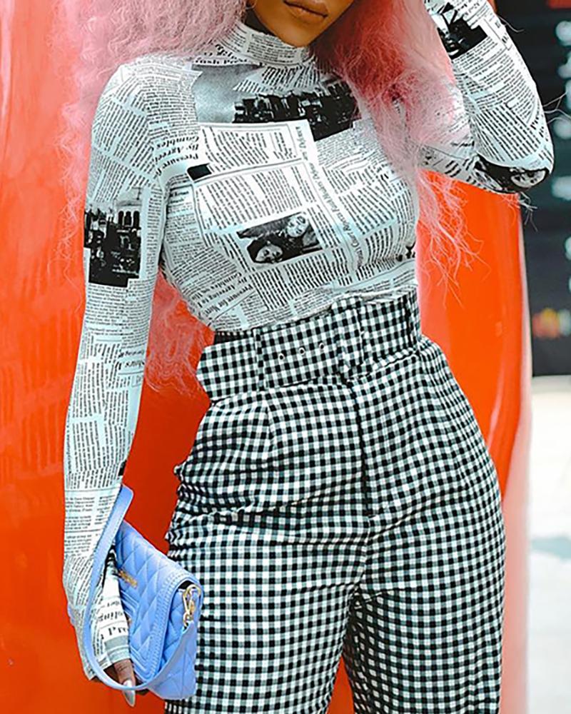 

Mock Neck Newspaper Print Long Sleeve Blouse, White