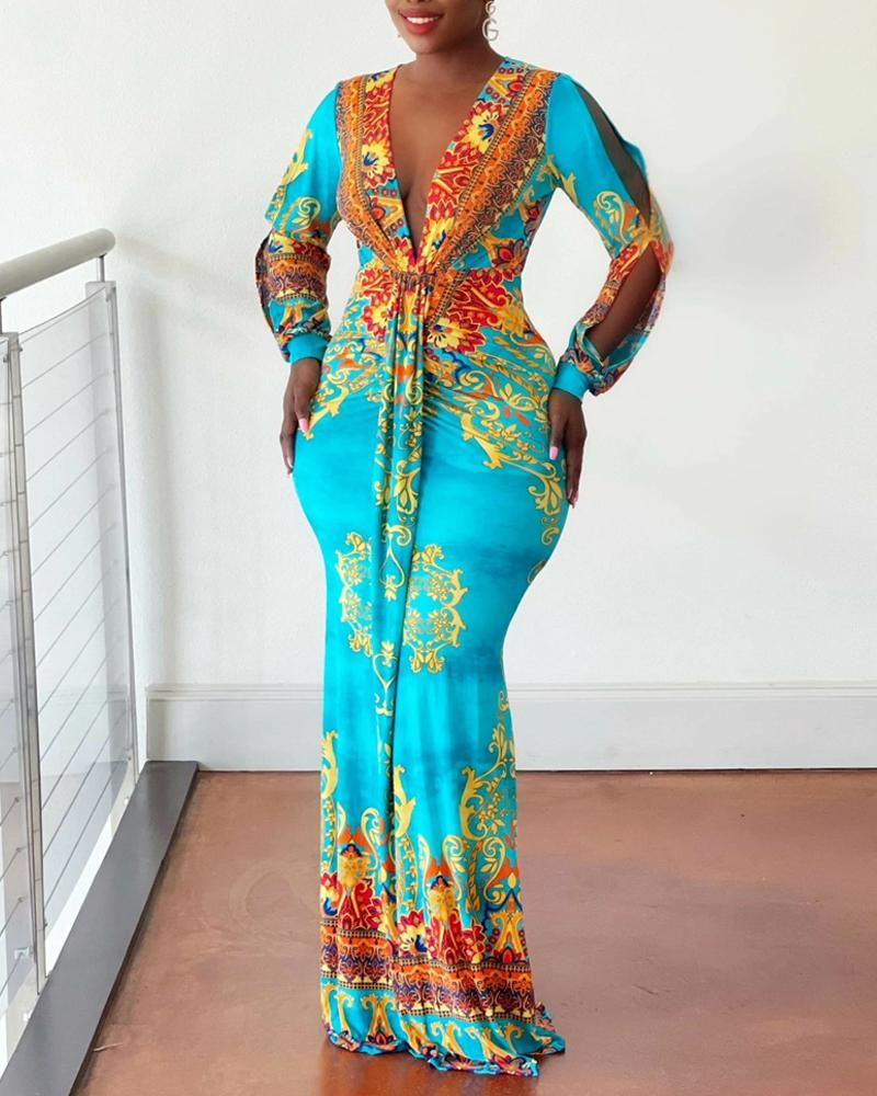 

Baroque Print Split Sleeve Deep V-Neck Maxi Dress, Blue