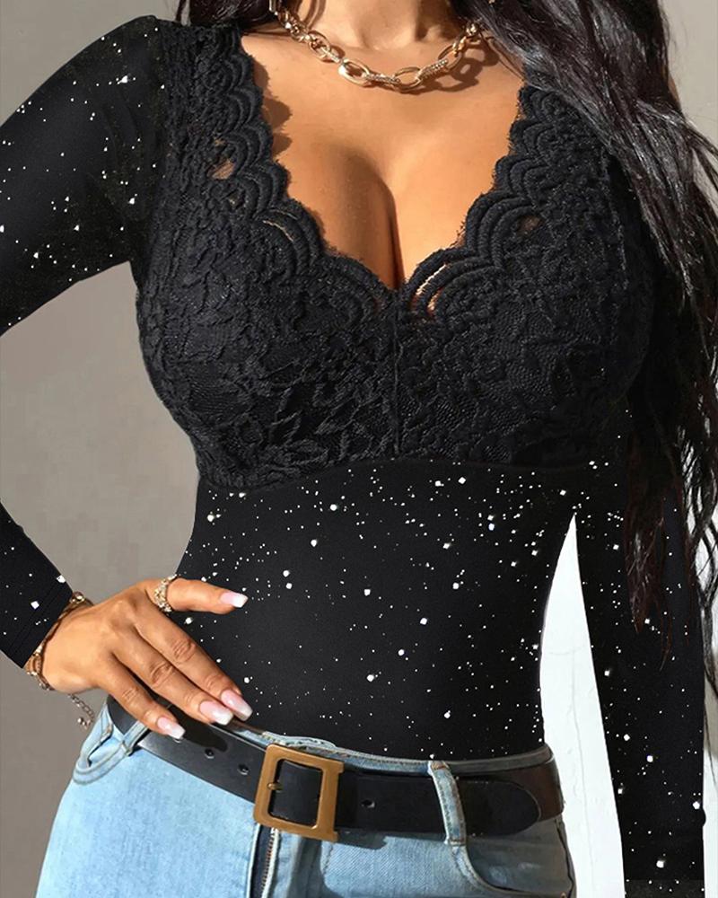 

Scallop Trim Lace Patch Glitter Top, Black