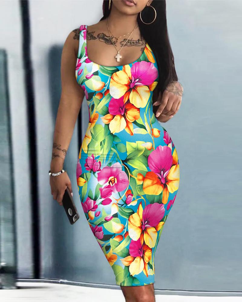 

Floral Print Sleeveless U-Neck Bodycon Dress, Multicolor
