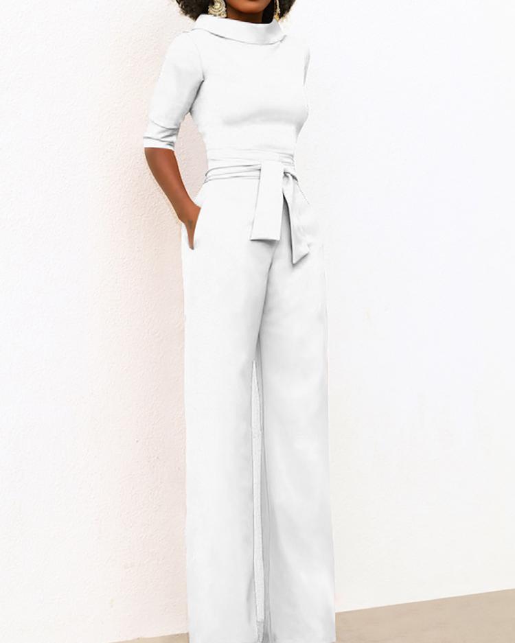 

Solid Self Belted Wide Leg Jumpsuits, White