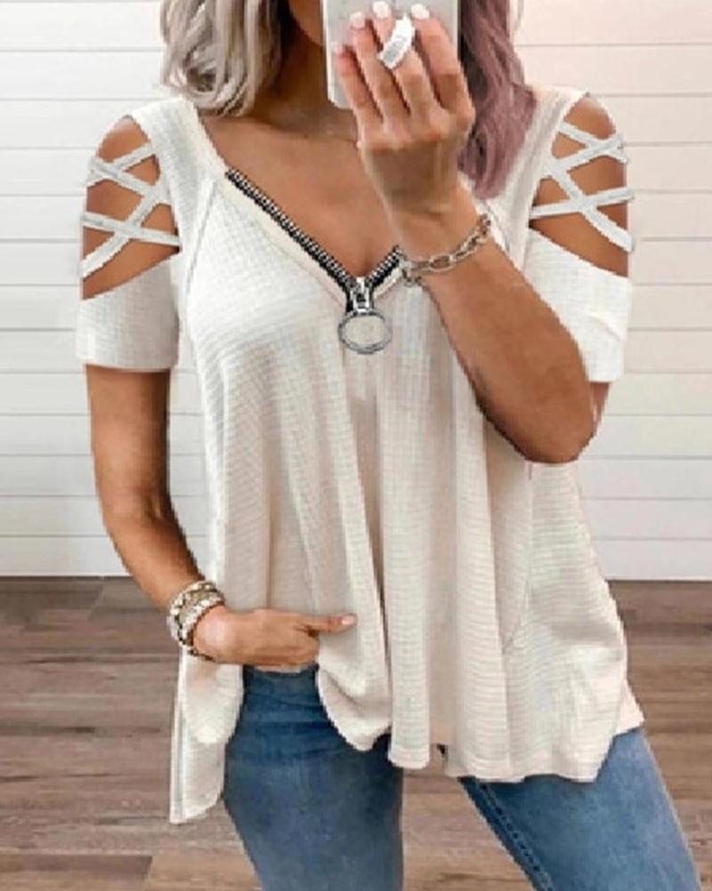 

Solid Short Sleeve Zip-up Blouse T-shirts, White