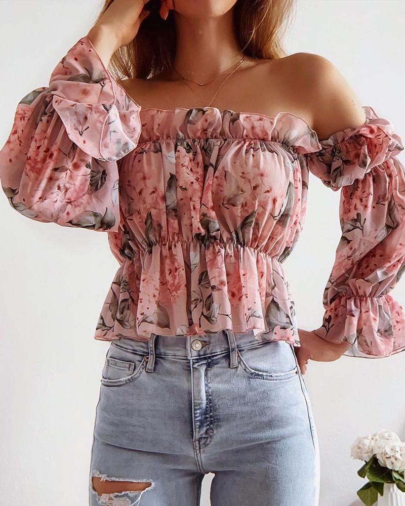 

Off Shoulder Floral Print Ruffles Top, Pink