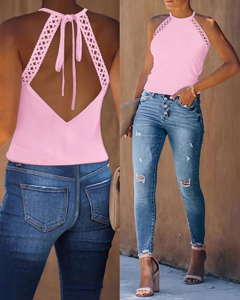 

Lace Patch Backless Tied Detail Top, Pink