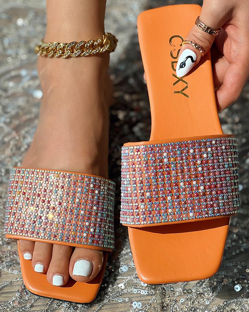 

Rhinestone Wide Strap Beach Slippers, Orange