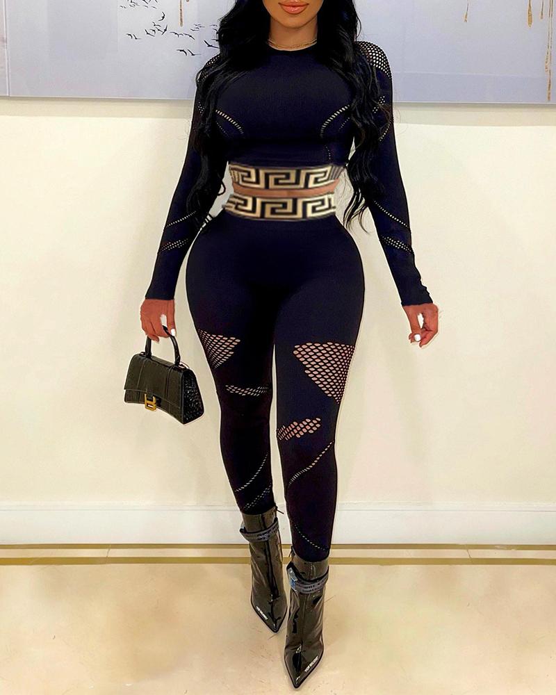 

Geometric Print Long Sleeve Top & High Waist Pants Set, Black