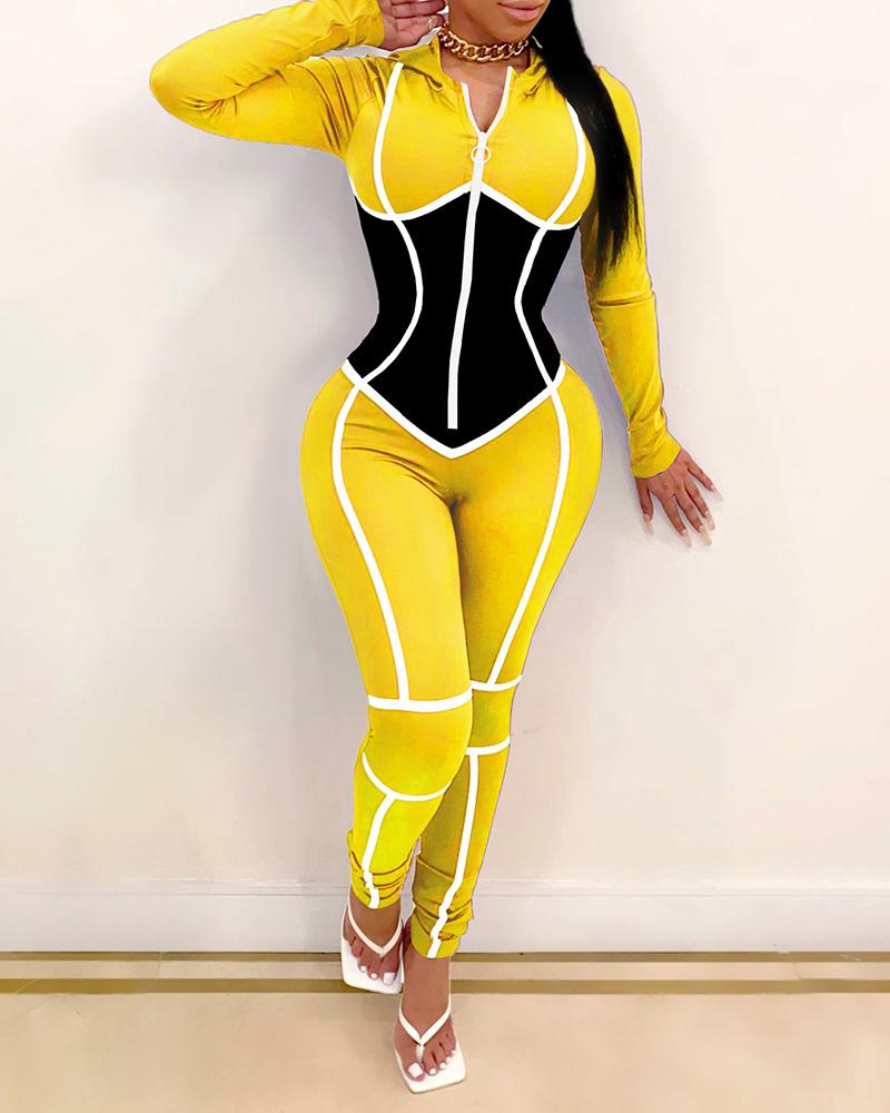 

Colorblock Zipper Design Long Sleeve Skinny Jumpsuit, Yellow
