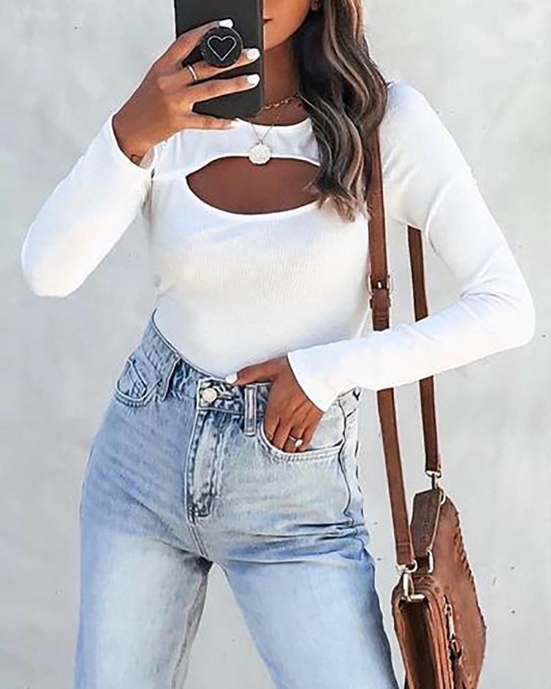 

Cutout Long Sleeve Casual Knit Top, White