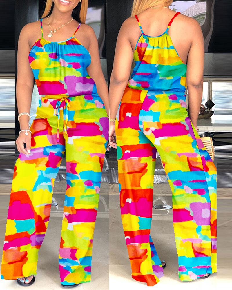 

Tie Dye Print Spaghetti Strap Drawstring Jumpsuit, Multicolor
