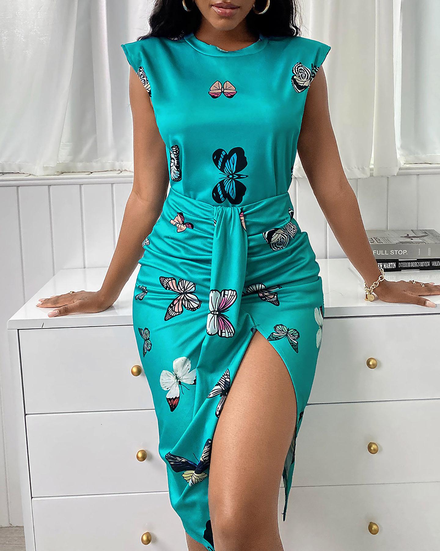 

Butterfly Print Top & Slit Skirt Sets, Blue