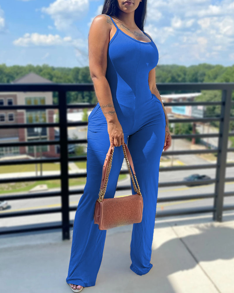 

U Neck Sleeveless Pocket Design Jumpsuit, Blue