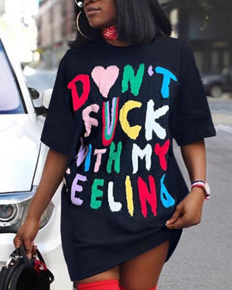 

Slogan Print Casual T-shirt Dress, Black