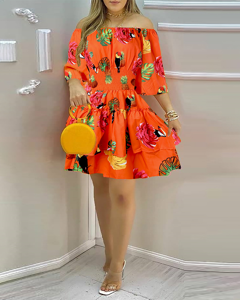 

Vestido casual con hombros descubiertos y estampado tropical, Orange