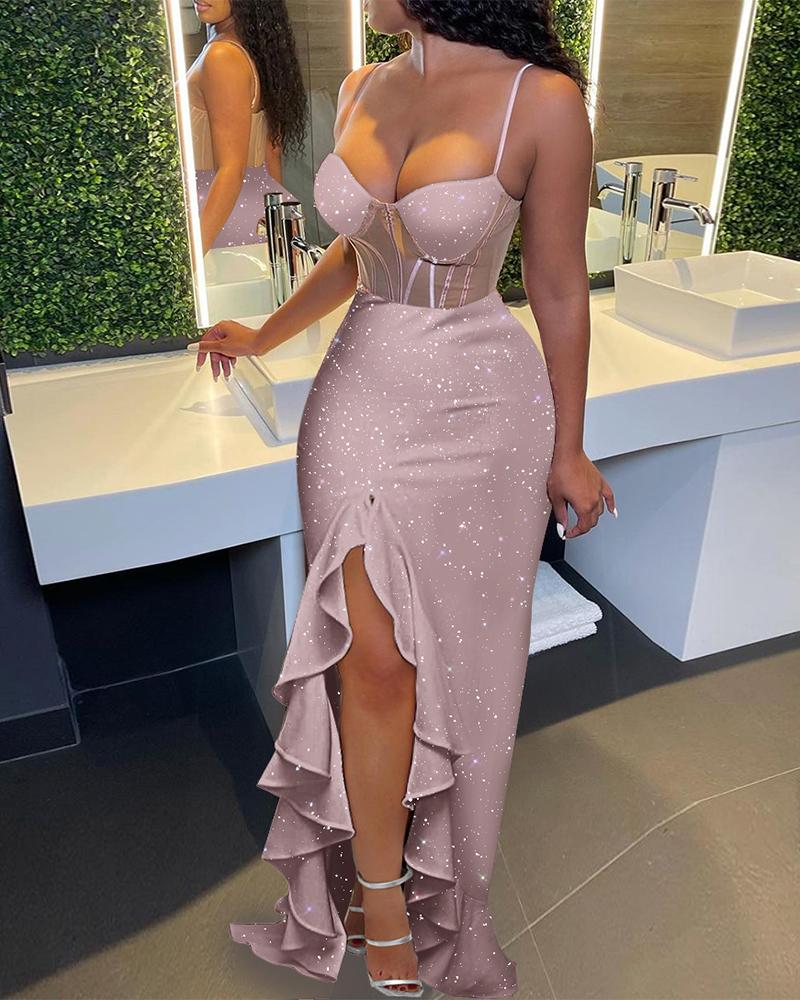 

Glitter Ruffle Hem Split Thigh Corset Party Dress Plain Spaghetti Strap Low Cut Slit Maxi Dress, Pink