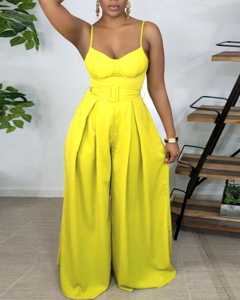 

Patchwork Spaghetti Strap Wide Leg Jumpsuit, Yellow